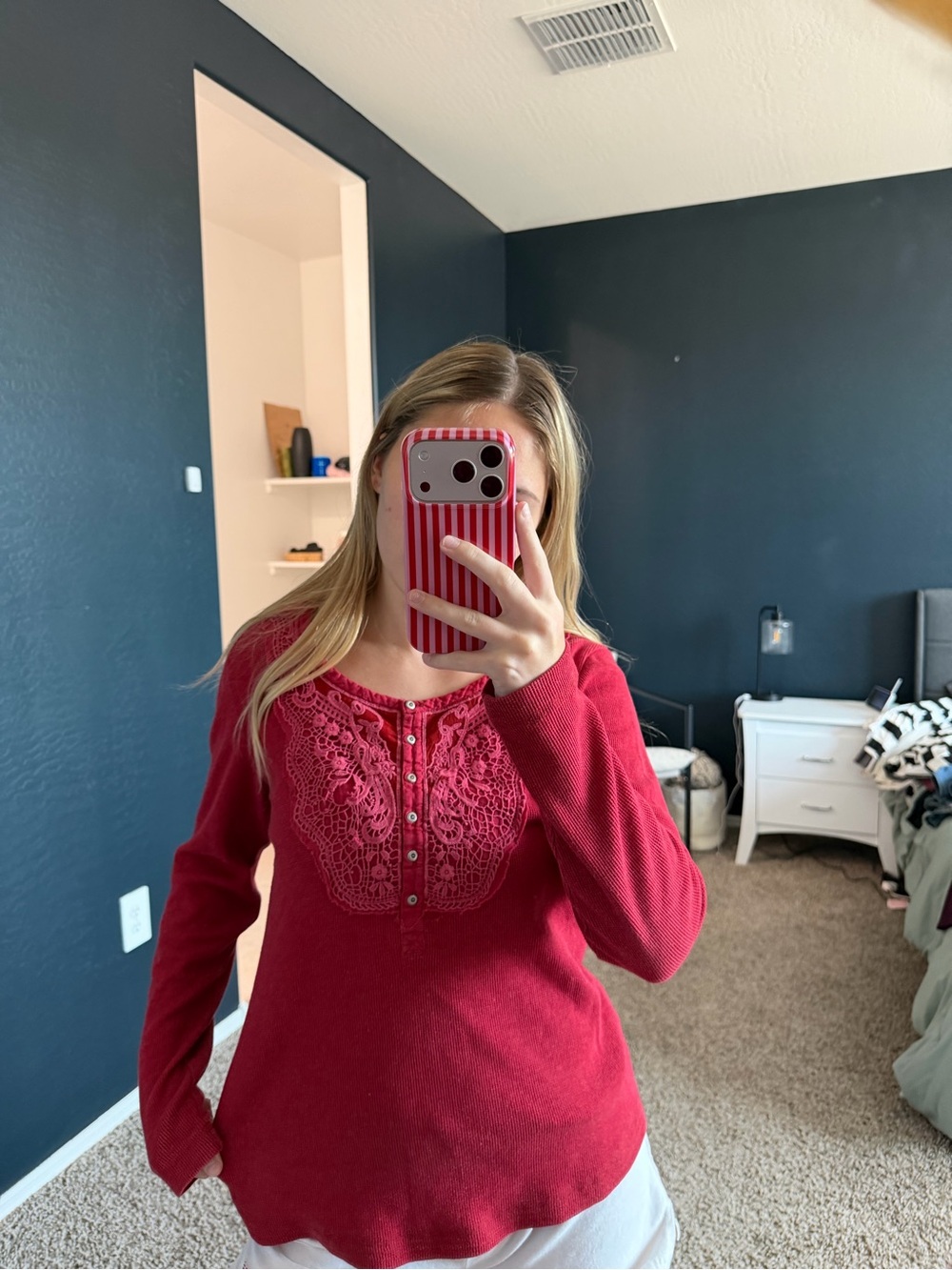 Indah Red Lace-Front Long Sleeve Henley